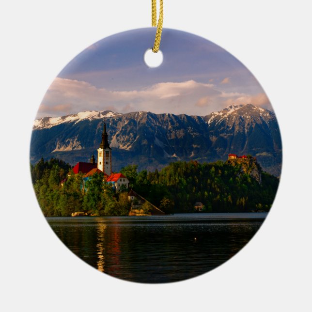 Lake Bled at sunset Ceramic Tree Decoration (Front)