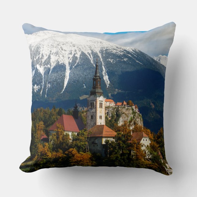 Lake Bled landscape in autumn Cushion (Front)