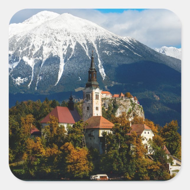 Lake Bled landscape in autumn Square Sticker (Front)
