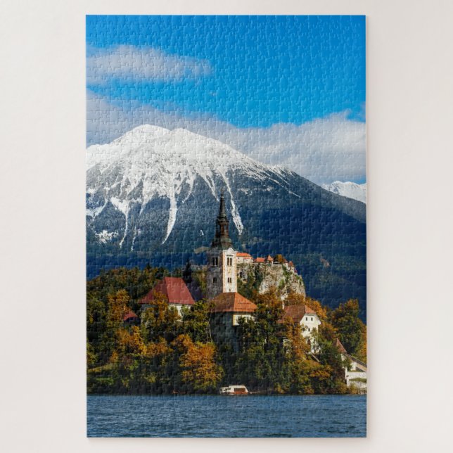 Lake Bled landscape with church and autumn trees Jigsaw Puzzle (Vertical)