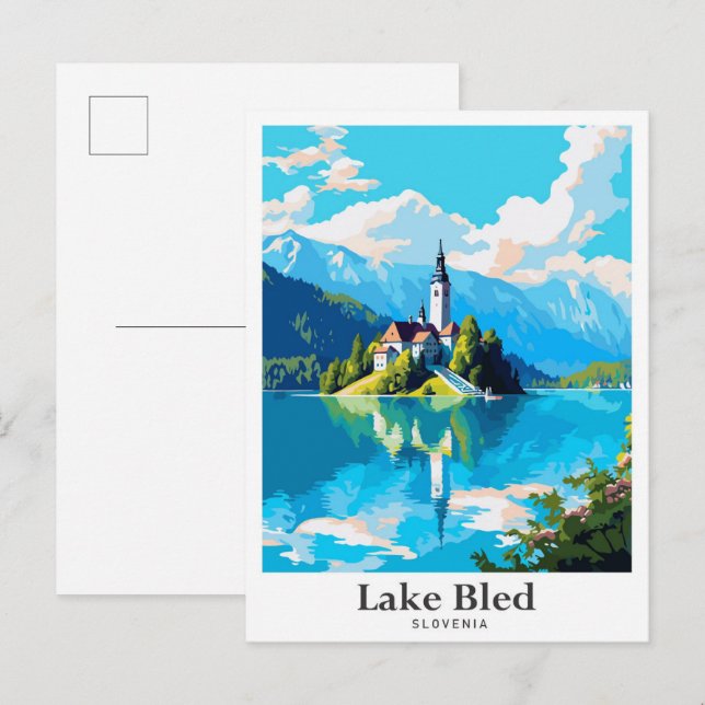Lake Bled Slovenia Art Vintage Travel Illustration Postcard (Front/Back)