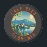 Lake Bled Slovenia Travel Art Vintage Magnet<br><div class="desc">Lake Bled vector art design. Lake Bled is a lake in the Julian Alps of the Upper Carniolan region of northwestern Slovenia,  where it adjoins the town of Bled.</div>