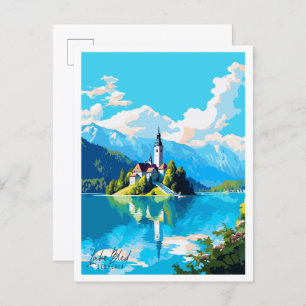 Lake Bled Slovenia vintage travel illustration Postcard