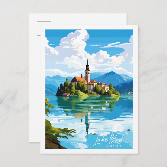 Lake Bled Slovenia vintage travel illustration Postcard (Front/Back)