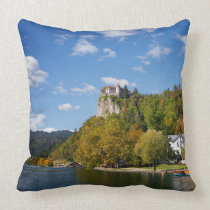 Lake Bled with trees in autumn colours in Slovenia Cushion