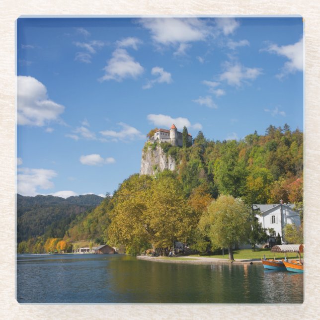 Lake Bled with trees in autumn colours in Slovenia Glass Coaster (Front)