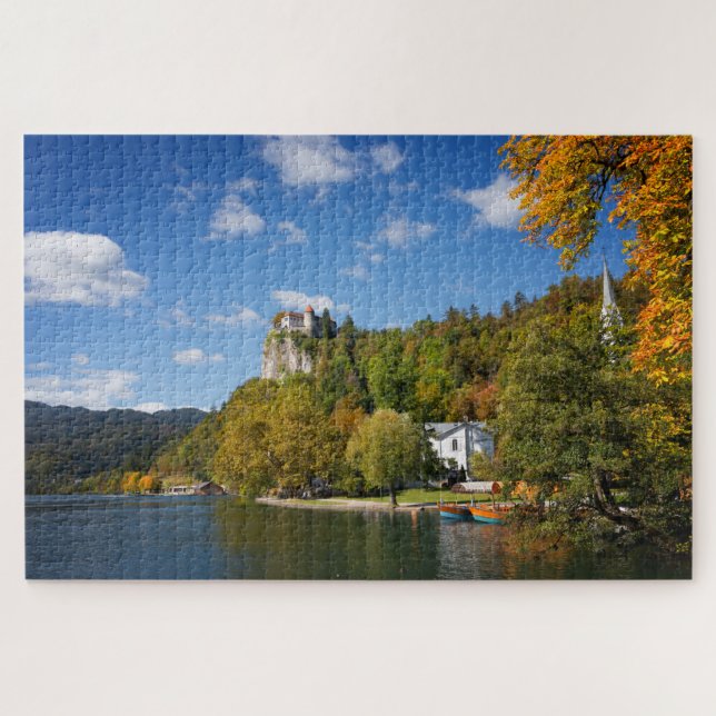 Lake Bled with trees in autumn colours in Slovenia Jigsaw Puzzle (Horizontal)