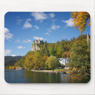 Lake Bled with trees in autumn colours in Slovenia Mouse Pad