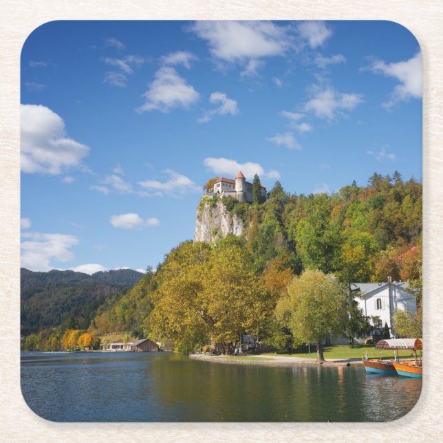 Lake Bled with trees in autumn colours in Slovenia Square Paper Coaster (Front)