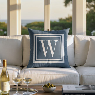 Lake Blue and White Classic Square Monogram Cushion