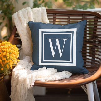 Lake Blue and White Classic Square Monogram Cushion