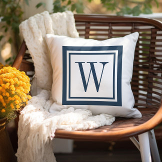 Lake Blue and White Classic Square Monogram Cushion