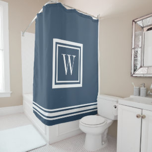 Lake Blue and White Classic Square Monogram Shower Curtain