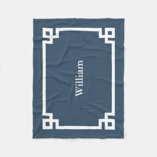 Lake Blue and White Greek Key Monogram Fleece Blanket