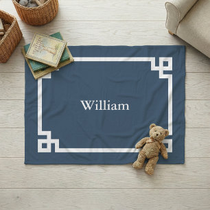 Lake Blue and White Greek Key Monogram Fleece Blanket