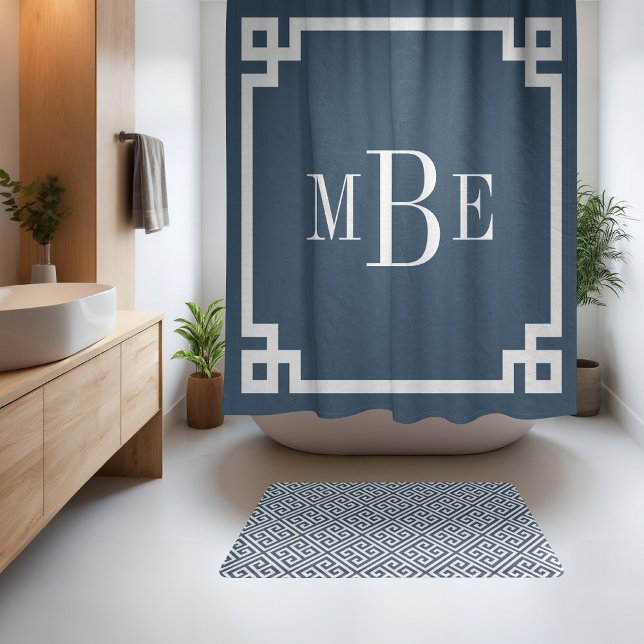 Lake Blue and White Greek Key | Monogrammed Shower Curtain (Creator Uploaded)