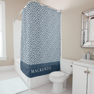 Lake Blue and White Greek Key Name Monogram Shower Curtain