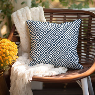 Lake Blue and White Greek Key Pattern Cushion