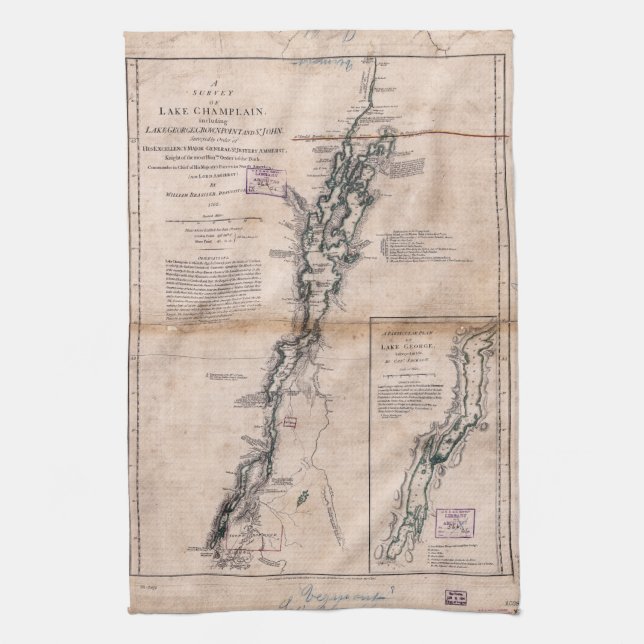 Lake Champlain Lake George Crown Point Map (1776) Tea Towel (Vertical)