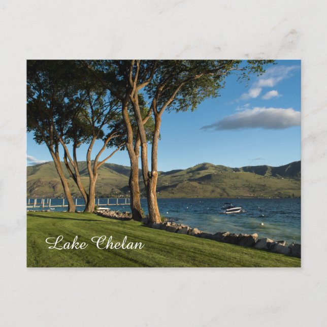 Lake Chelan Washington State Boat & Trees Travel Postcard (Front)