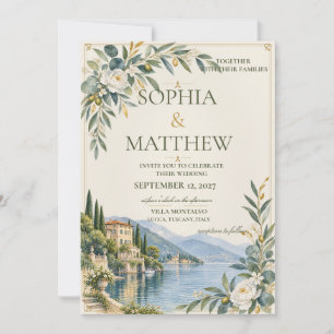 Lake Como Elegant Blue & Antique Gold Wedding Invitation