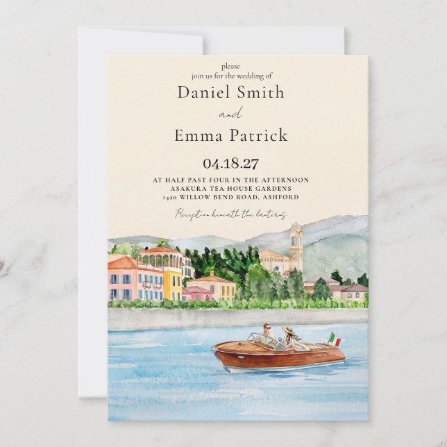Lake Como Italy Illustrated Wedding Invitation (Front)