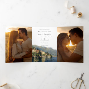 Lake Como Italy QR Code 3 Photo Wedding Tri-Fold Invitation