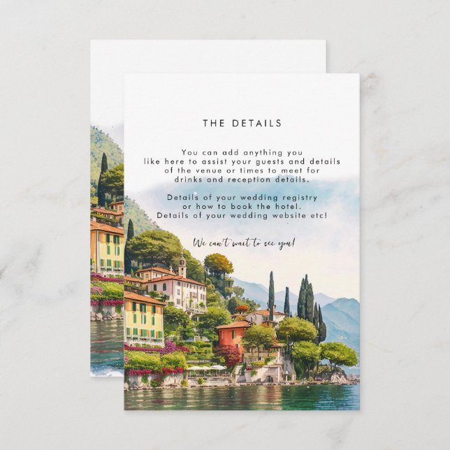Lake Como Italy summer wedding information card (Front/Back)