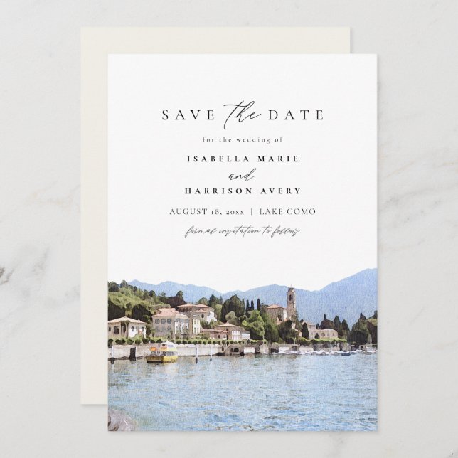 LAKE COMO Watercolor Italy Skyline Save the Date Invitation (Front/Back)