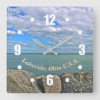 LAKE ERIE, BLUE SKY, FLUFFY WHITE CLOUDS, BOULDERS