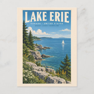 Lake Erie Illustration Travel Art Vintage Postcard
