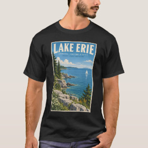 Lake Erie Illustration Travel Art Vintage T-Shirt