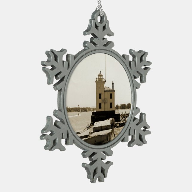 Lake Erie Lighthouse Snowflake Pewter Christmas Ornament (Left)