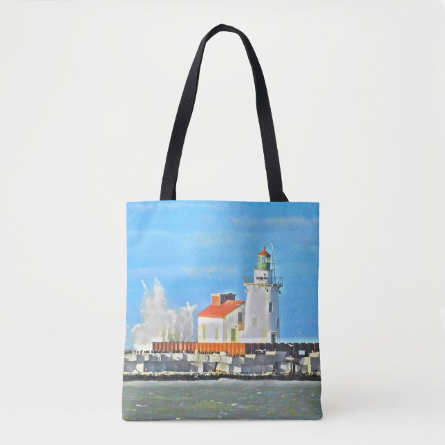Lake Erie Lighthouse with Wave Tote Bag (Front)