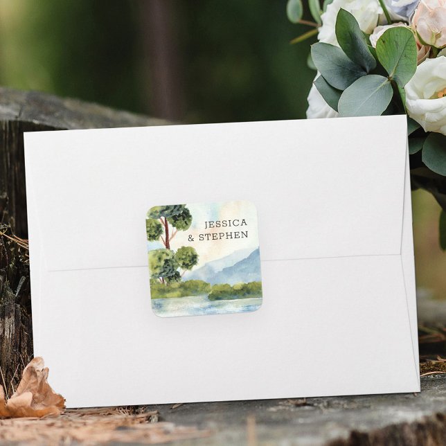 Lake Evergreen Watercolor Bride and Groom Names Square Sticker (Creator Uploaded)