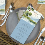 Lake Evergreen Watercolor Dusty Rose Wedding Menu<br><div class="desc">Lake Evergreen wedding menu with idyllic scenic landscape. The courses and menu items are fully editable and you can change the background colour if you wish. Watercolor country scenery with evergreen trees and greenery, blue mountains and a still lake under a clear blue sky. The design is in shades of...</div>