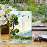 Lake Evergreen Watercolor Wedding Editable Table Number<br><div class="desc">Lake Evergreen watercolor wedding table number card with idyllic scenic landscape. Watercolor country scenery with evergreen trees and greenery, blue mountains and a still lake under a clear blue sky. The design is in shades of dusty blue, periwinkle and green and is lettered with elegant script and modern typography. Please...</div>