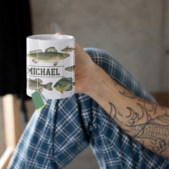 Lake Fish Up North Cute Fisherman Personalised Coffee Mug (Freshwater Fish Customized Name Mug)