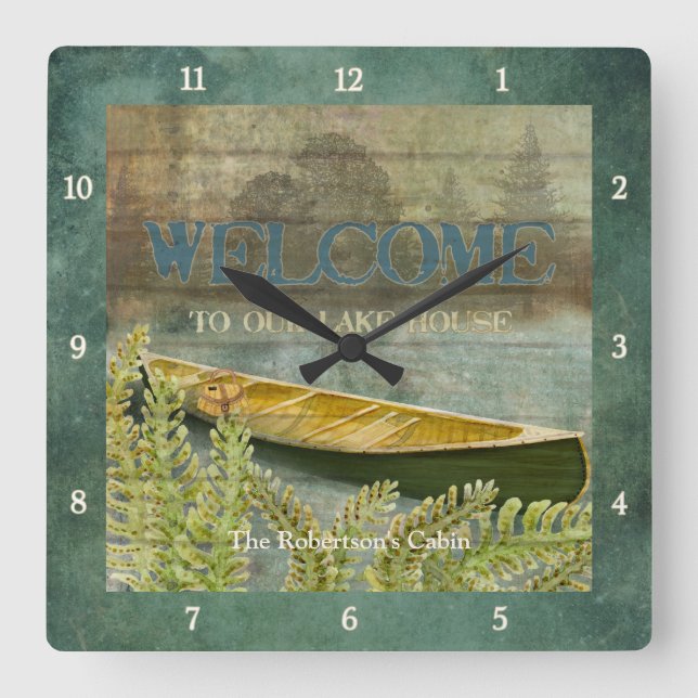 Lake Fishing, Fisherman Trees Canoe Ferns Cabin Square Wall Clock (Front)