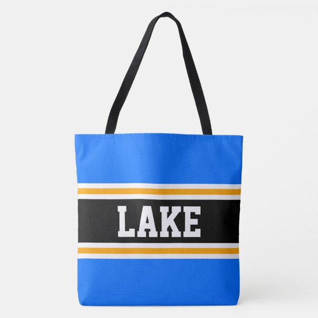 LAKE Fun Athletic Blue Black Yellow Racing Stripes Tote Bag (Front)