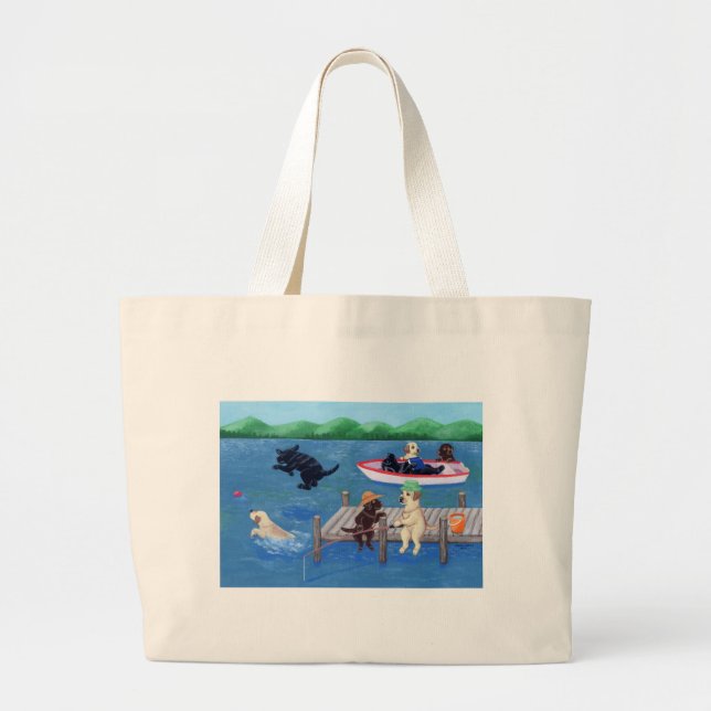 Lake Fun Labradors Painting Large Tote Bag (Front)