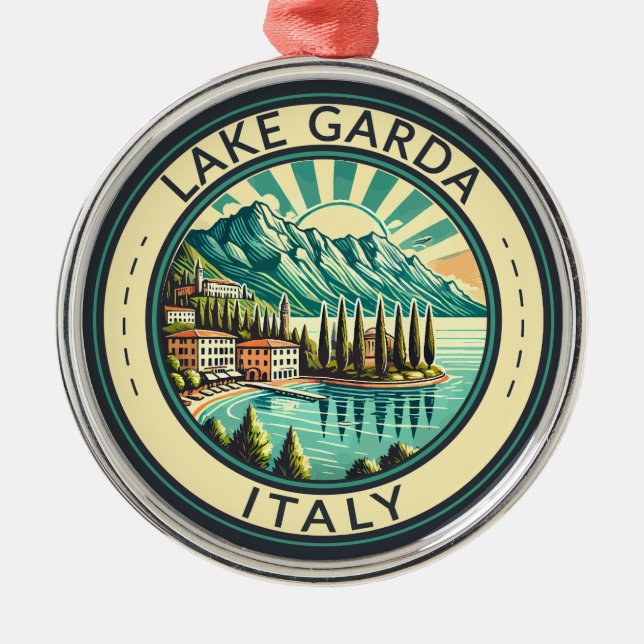 Lake Garda Italy Illustration Travel Art Badge Metal Tree Decoration (Front)