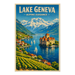 Lake Geneva, Switzerland, in a classic retro Poster