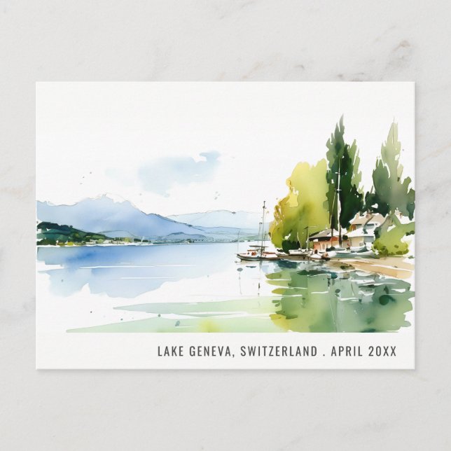 Lake Geneva Switzerland Watercolor Scape Travel Holiday Postcard (Front)