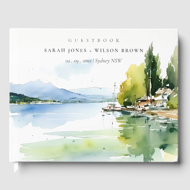 Lake Geneva Switzerland Watercolor Scape Wedding Guest Book (Front)