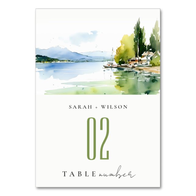 Lake Geneva Switzerland Watercolor Scape Wedding Table Number (Front)