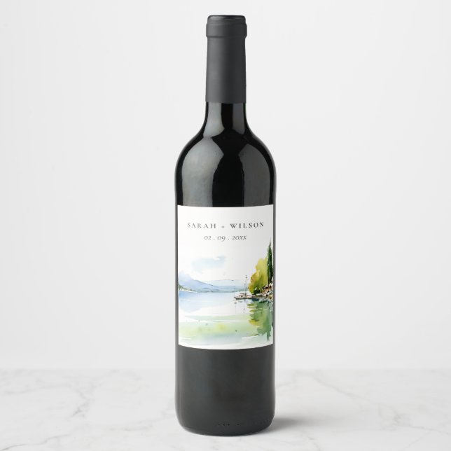 Lake Geneva Switzerland Watercolor Scape Wedding Wine Label (Front)