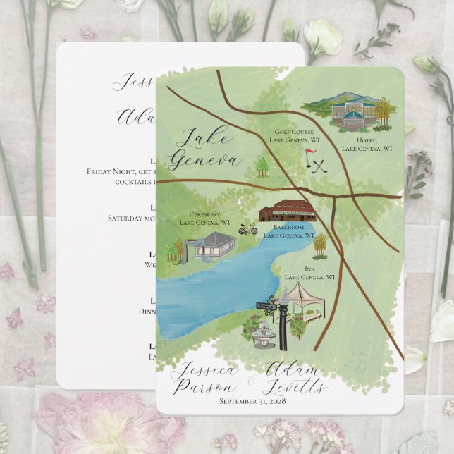 Lake Geneva Wedding Weekend Map Details Card (Illustrated wedding map of the Lake Geneva area)