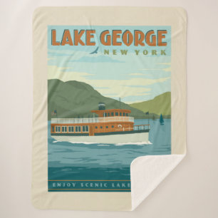 Lake George, New York Vintage Boat Sherpa Blanket