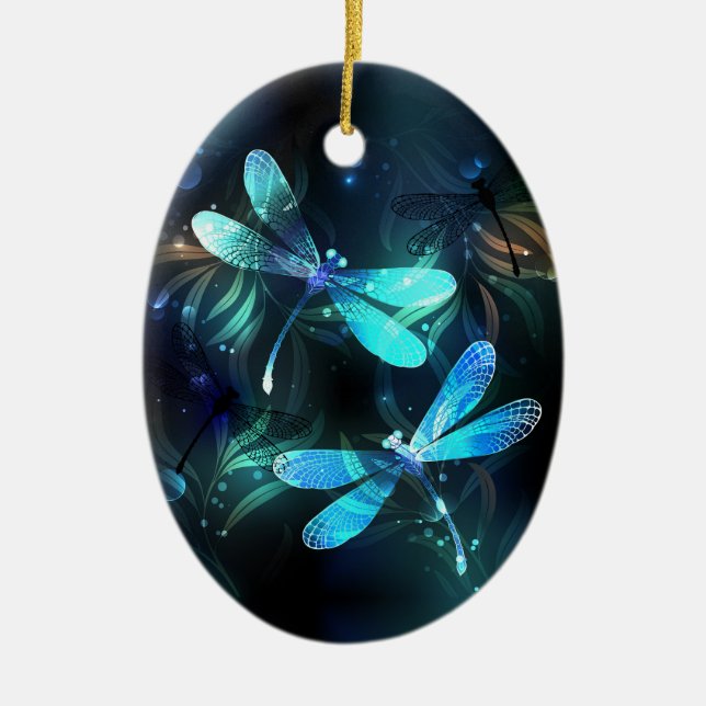 Lake Glowing Dragonflies Ceramic Tree Decoration (Front)